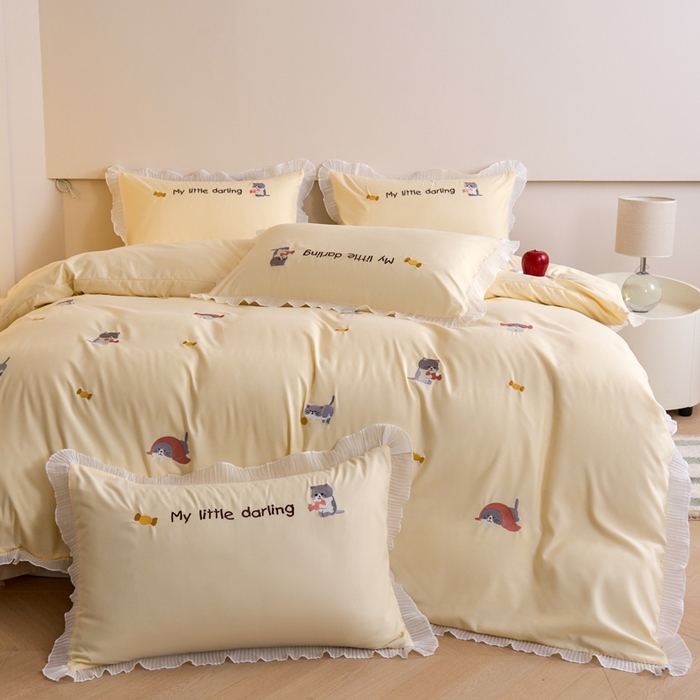 91家纺网 家纺一手货源 找家纺 梧桐家居 2024新款全棉磨毛刺绣四件套-糖果小猫 糖果小猫-黄