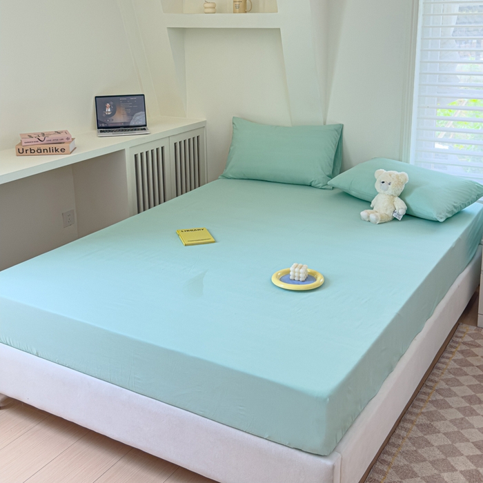 91家纺网 家纺一手货源 找家纺 金丝鸟家纺 2024新款A类全棉色织水洗棉床笠系列 果绿