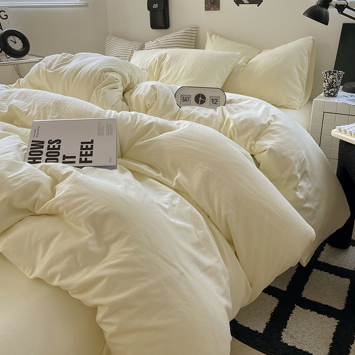 91家纺网 家纺一手货源 找家纺 卡迪熊家纺 2024新款ins风超柔褶皱亲肤磨毛水洗m四件套纯色系列-风格2 柠檬黄