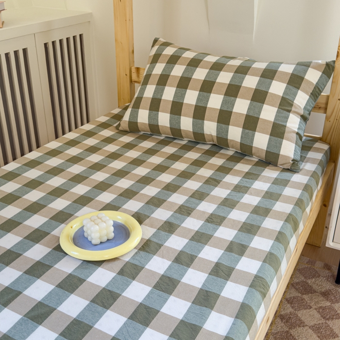 91家纺网 家纺一手货源 找家纺 金丝鸟家纺 2024新款A类全棉色织水洗棉单床笠系列（学生床） 绿中格