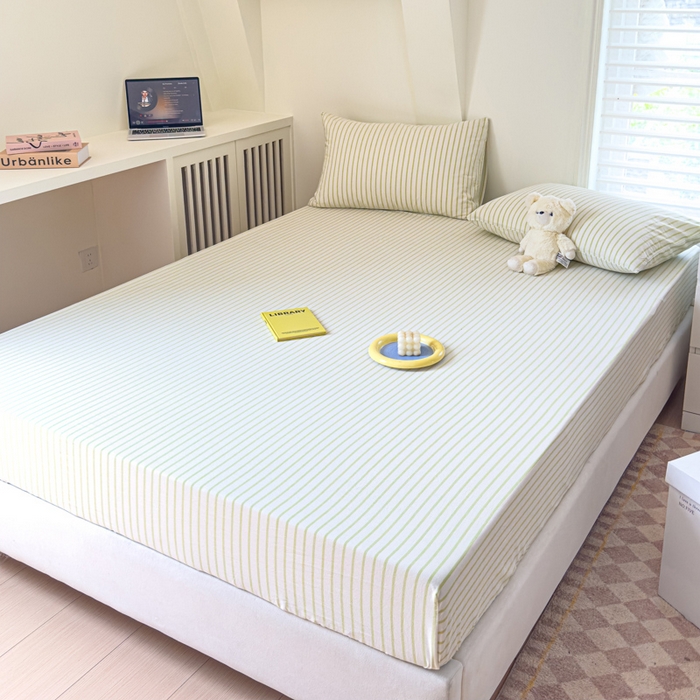 91家纺网 家纺一手货源 找家纺 金丝鸟家纺 2024新款A类全棉色织水洗棉床笠系列 果绿中条