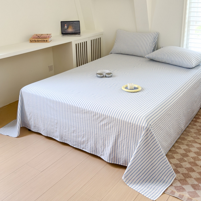 91家纺网 家纺一手货源 找家纺 金丝鸟家纺 2024新款A类全棉色织水洗棉单床单系列 蓝色中条