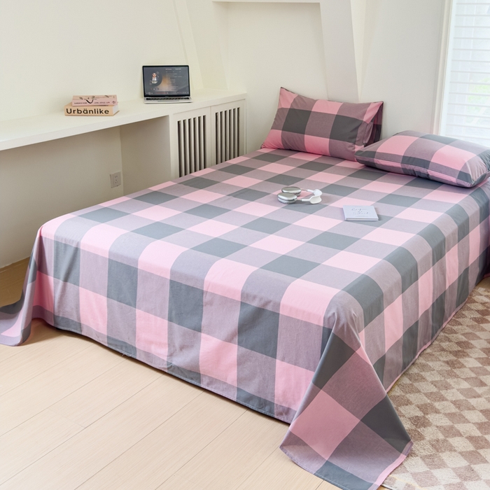 91家纺网 家纺一手货源 找家纺 金丝鸟家纺 2024新款A类全棉色织水洗棉单床单系列 粉大格