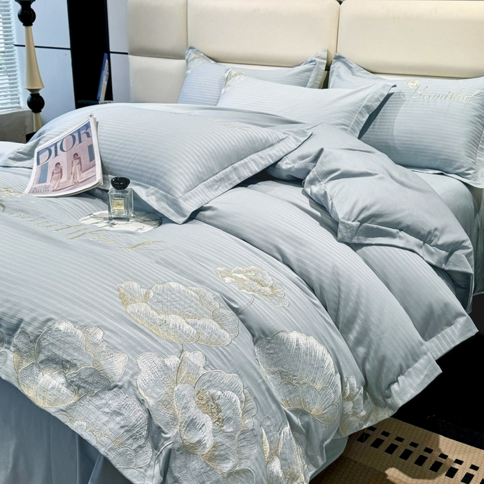 91家纺网 家纺一手货源 找家纺 梧桐家居 2024新款全棉四件套-银杏系列 银杏-天空蓝