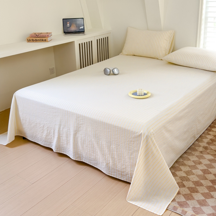 91家纺网 家纺一手货源 找家纺 金丝鸟家纺 2024新款A类全棉色织水洗棉单床单系列 黄色中条