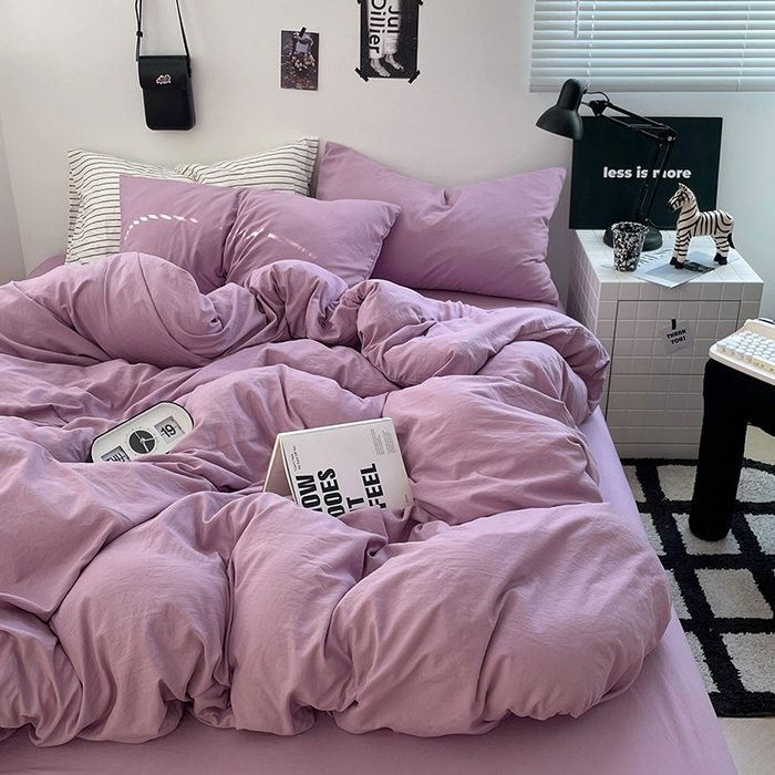 91家纺网 家纺一手货源 找家纺 卡迪熊家纺 2024新款ins风超柔褶皱亲肤磨毛水洗m四件套纯色系列-风格2 芋泥紫