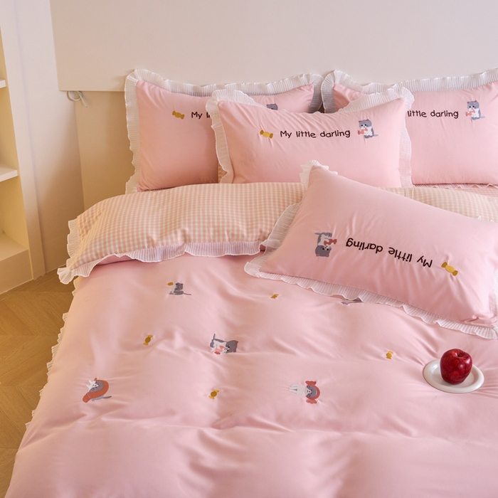 91家纺网 家纺一手货源 找家纺 梧桐家居 2024新款全棉磨毛刺绣四件套-糖果小猫 糖果小猫-粉