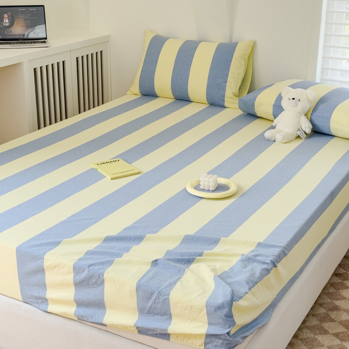 91家纺网 家纺一手货源 找家纺 金丝鸟家纺 2024新款A类全棉色织水洗棉床笠系列 黄蓝大竖条