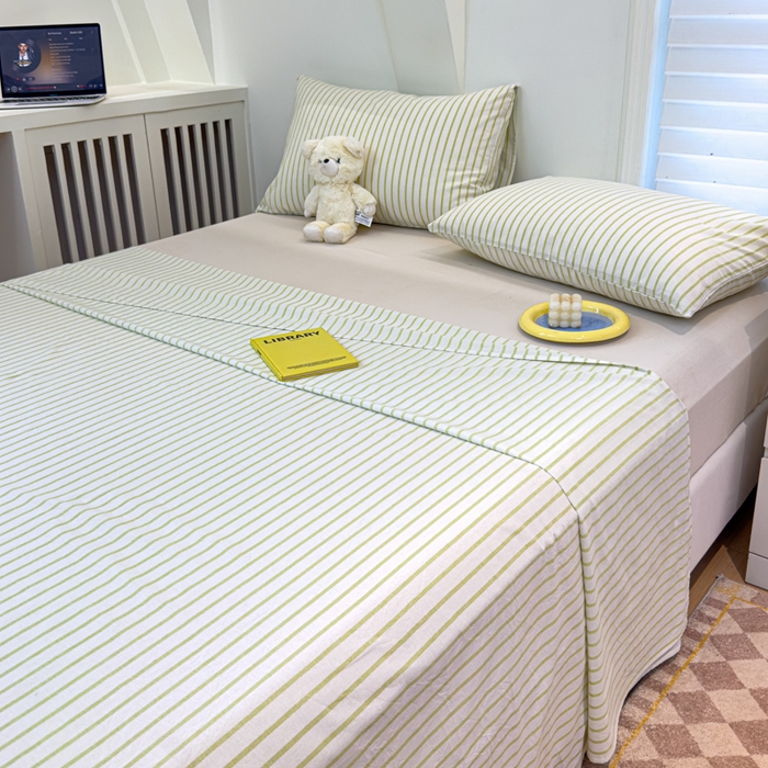 91家纺网 家纺一手货源 找家纺 金丝鸟家纺 2024新款A类全棉色织水洗棉单床单系列 果绿中条