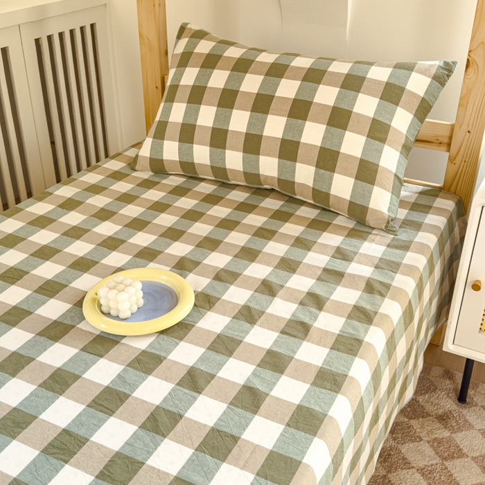 91家纺网 家纺一手货源 找家纺 金丝鸟家纺 2024新款A类全棉色织水洗棉单床单系列（学生床） 绿中格