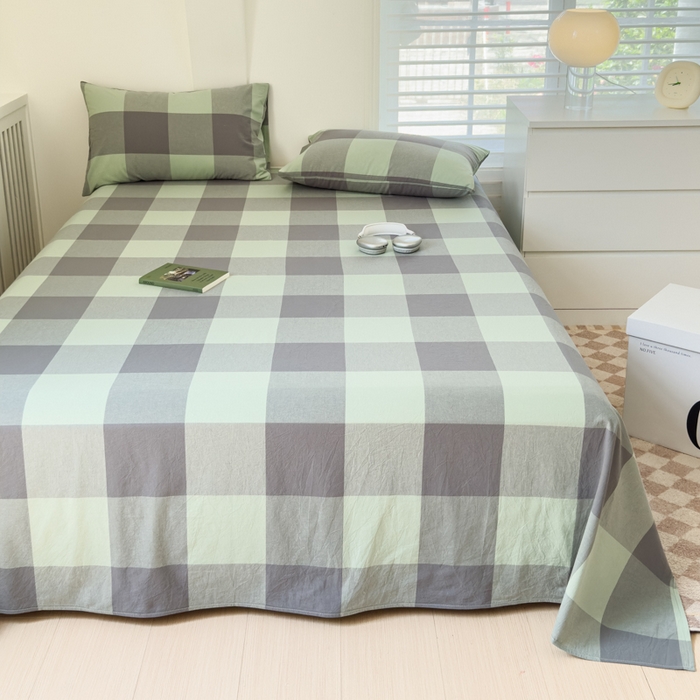 91家纺网 家纺一手货源 找家纺 金丝鸟家纺 2024新款A类全棉色织水洗棉单床单系列 绿大格