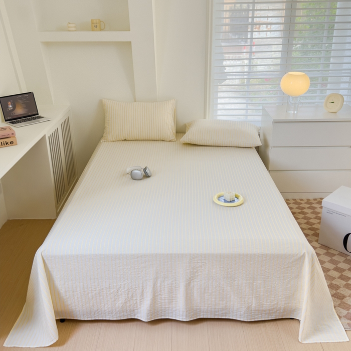 91家纺网 家纺一手货源 找家纺 金丝鸟家纺 2024新款A类全棉色织水洗棉单床单系列 黄色中条