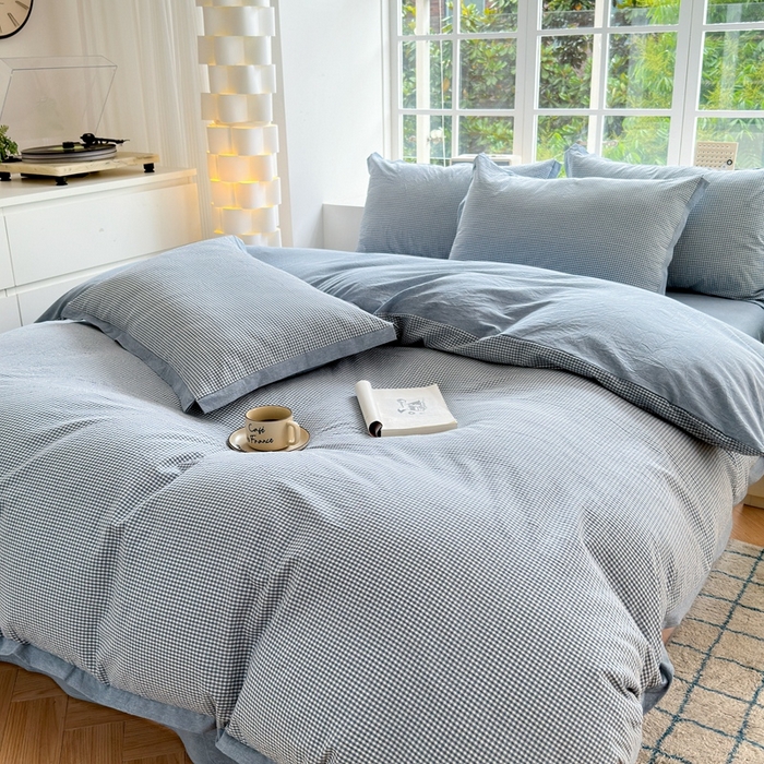 91家纺网 家纺一手货源 找家纺 宜家坊 2024新款全棉色织水洗棉宽边断角四件套 爱的邂逅-蓝