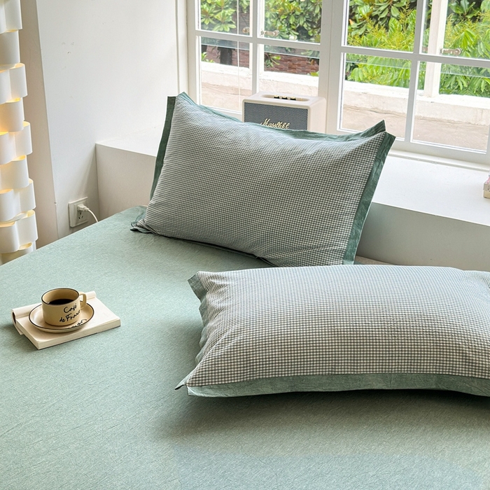 91家纺网 家纺一手货源 找家纺 宜家坊 2024新款全棉色织水洗棉宽边断角四件套 爱的邂逅-绿