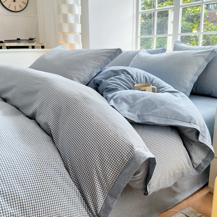 91家纺网 家纺一手货源 找家纺 宜家坊 2024新款全棉色织水洗棉宽边断角四件套 爱的邂逅-蓝