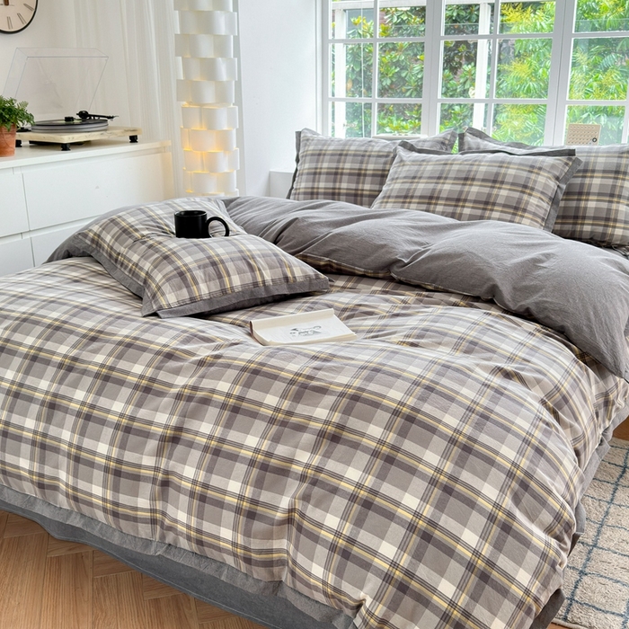 91家纺网 家纺一手货源 找家纺 宜家坊 2024新款全棉色织水洗棉宽边断角四件套 幸福恋曲-灰