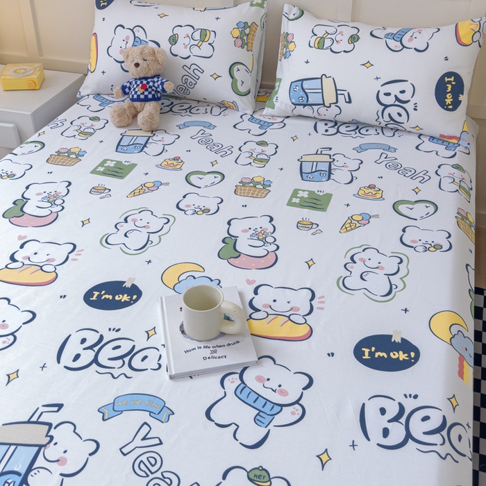 91家纺网 家纺一手货源 找家纺 金丝鸟家纺 2024新款全棉小清新印花单床笠系列 快乐小熊