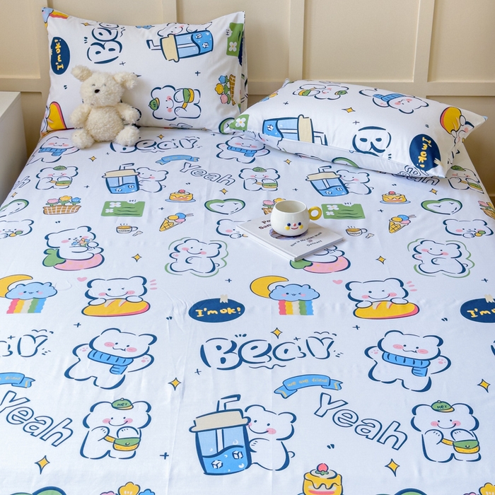 91家纺网 家纺一手货源 找家纺 金丝鸟家纺 2024新款全棉小清新印花单床单系列 快乐小熊