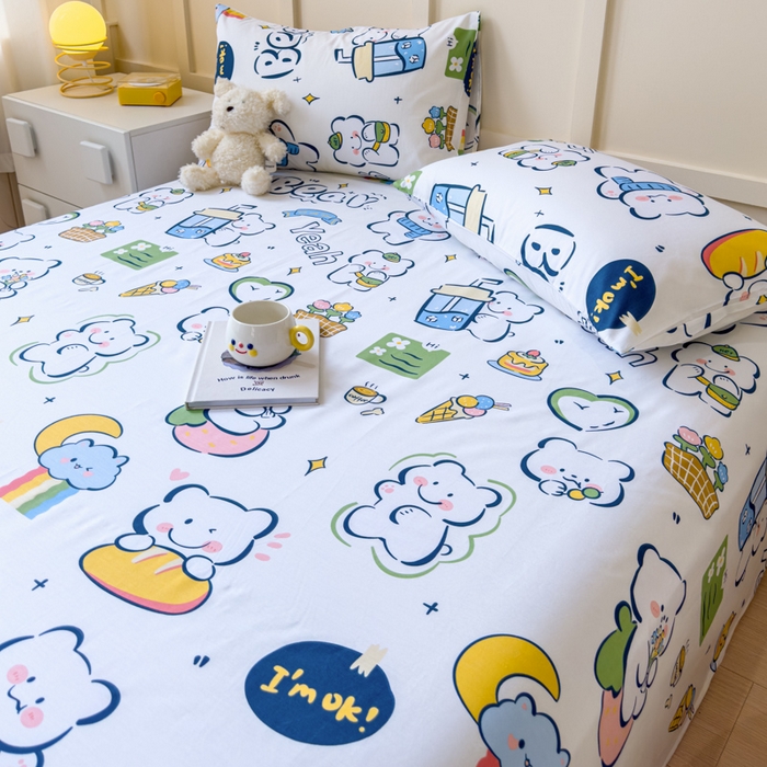 91家纺网 家纺一手货源 找家纺 金丝鸟家纺 2024新款全棉小清新印花单床单系列 快乐小熊