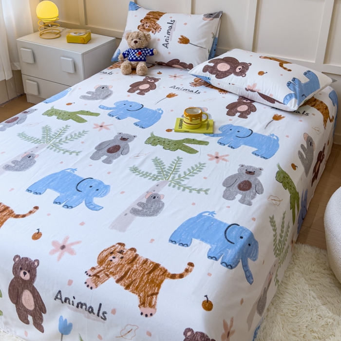 91家纺网 家纺一手货源 找家纺 金丝鸟家纺 2024新款全棉小清新印花单床单系列 奇妙动物园