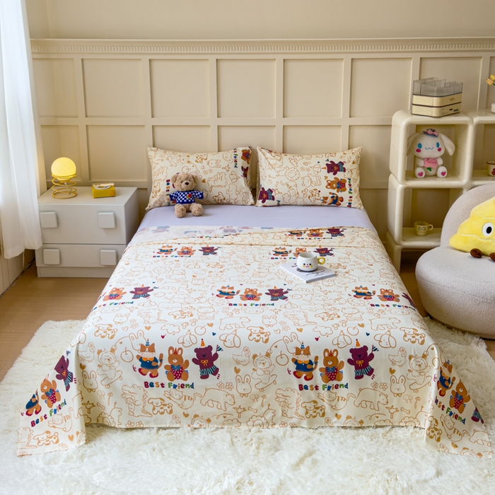 91家纺网 家纺一手货源 找家纺 金丝鸟家纺 2024新款全棉小清新印花单床单系列 小童趣