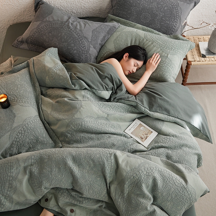 91家纺网 家纺一手货源 找家纺 安莱生活 2025新款棉麻纱洗大提花四件套--梦露系列 梦露-草绿