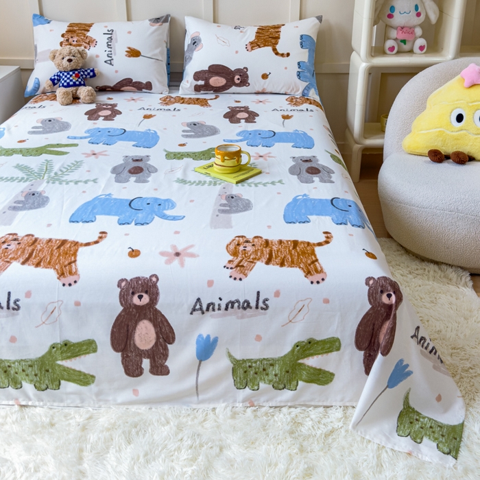 91家纺网 家纺一手货源 找家纺 金丝鸟家纺 2024新款全棉小清新印花单床单系列 奇妙动物园