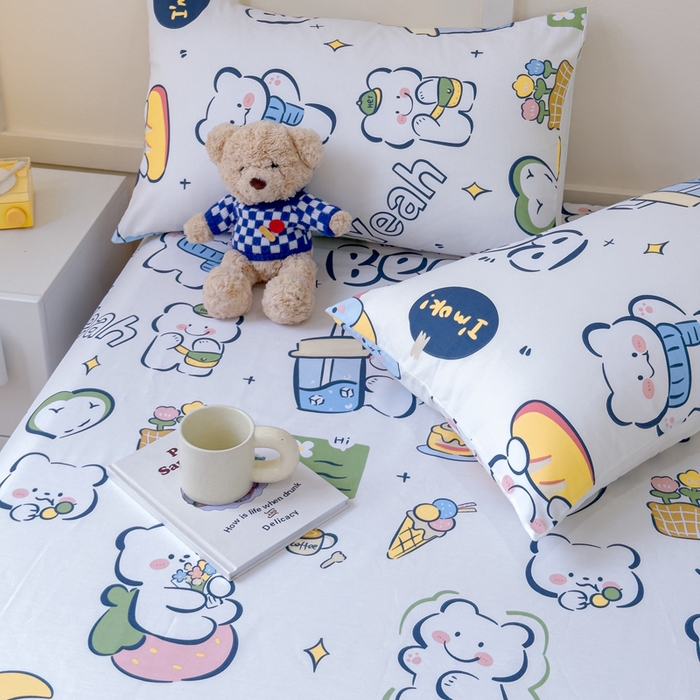 91家纺网 家纺一手货源 找家纺 金丝鸟家纺 2024新款全棉小清新印花单床笠系列 快乐小熊