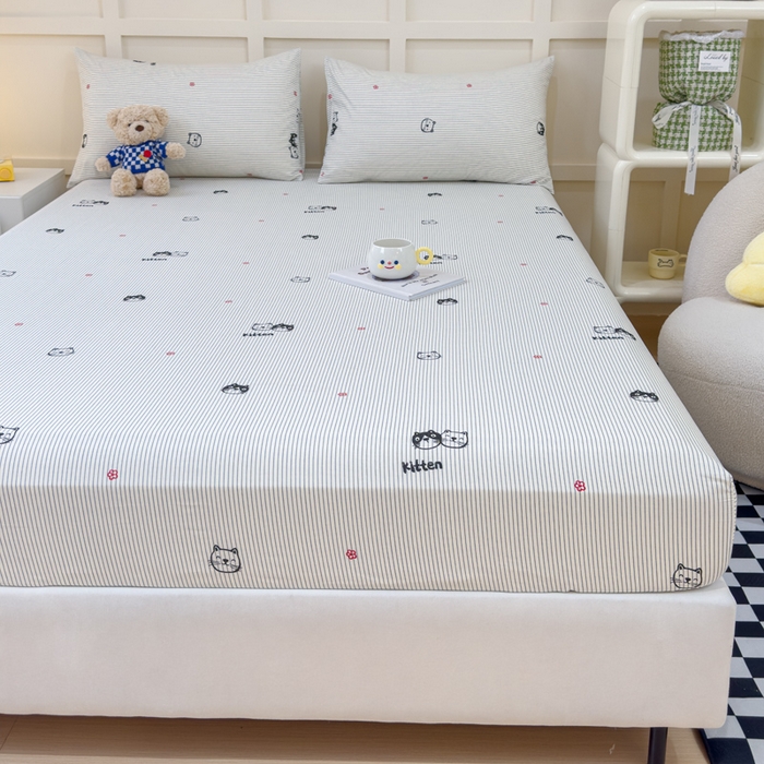 91家纺网 家纺一手货源 找家纺 金丝鸟家纺 2024新款全棉小清新印花单床笠系列 小萌猫