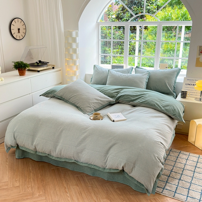 91家纺网 家纺一手货源 找家纺 宜家坊 2024新款全棉色织水洗棉宽边断角四件套 爱的邂逅-绿