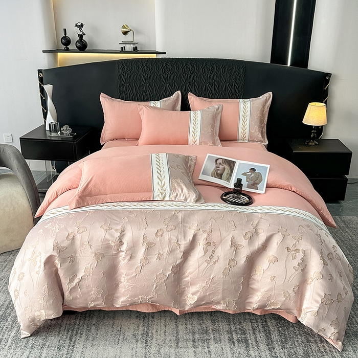 91家纺网 家纺一手货源 找家纺 梦舒羽 2025新款加厚水洗棉浮雕刺绣四件套学生套件 莫奈花园-豆沙