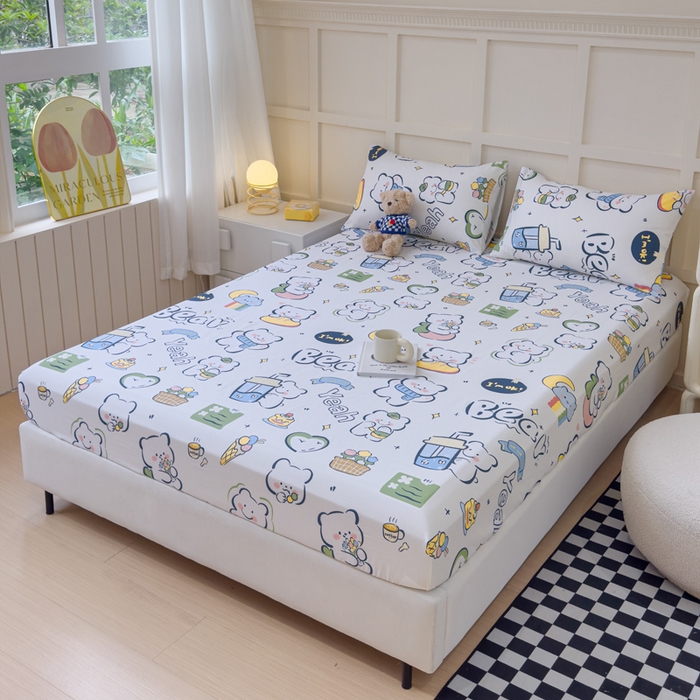 91家纺网 家纺一手货源 找家纺 金丝鸟家纺 2024新款全棉小清新印花单床笠系列 快乐小熊