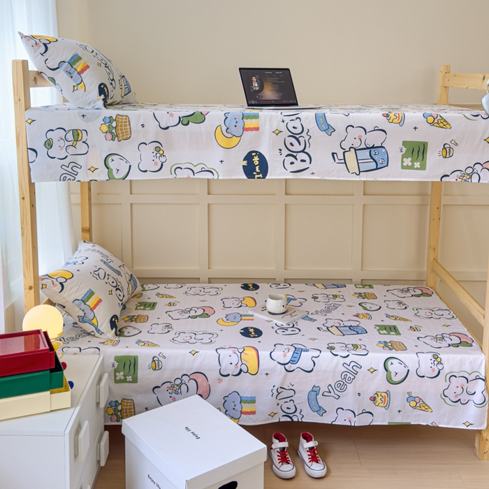 91家纺网 家纺一手货源 找家纺 金丝鸟家纺 2024新款全棉小清新印花单床单系列（学生床） 快乐小熊