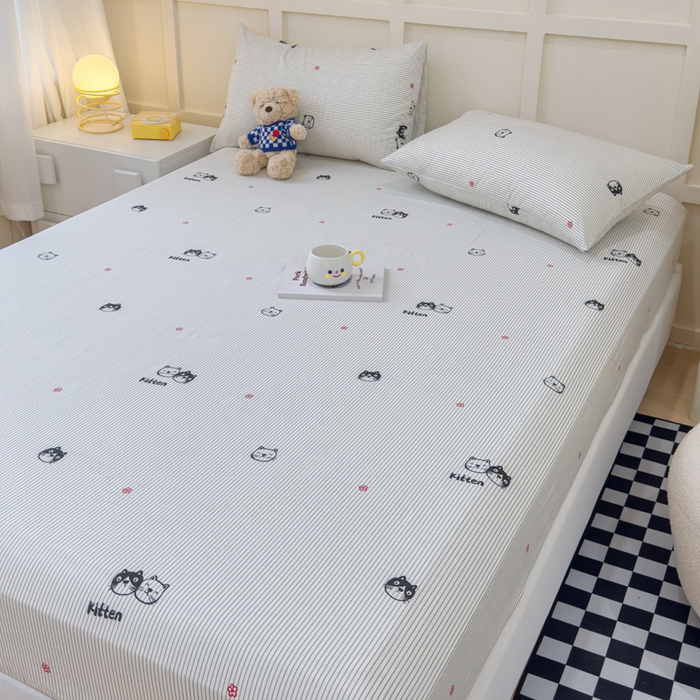 91家纺网 家纺一手货源 找家纺 金丝鸟家纺 2024新款全棉小清新印花单床笠系列 小萌猫