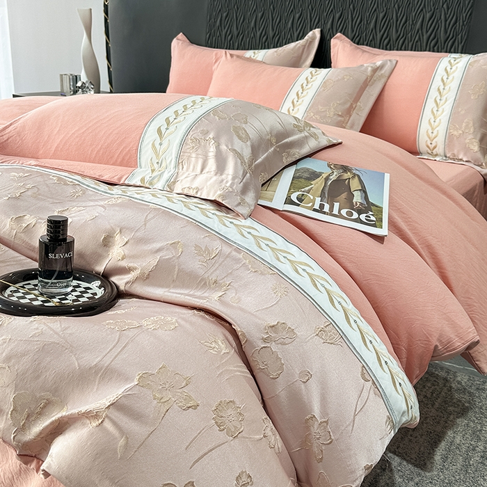 91家纺网 家纺一手货源 找家纺 梦舒羽 2025新款加厚水洗棉浮雕刺绣四件套学生套件 莫奈花园-豆沙