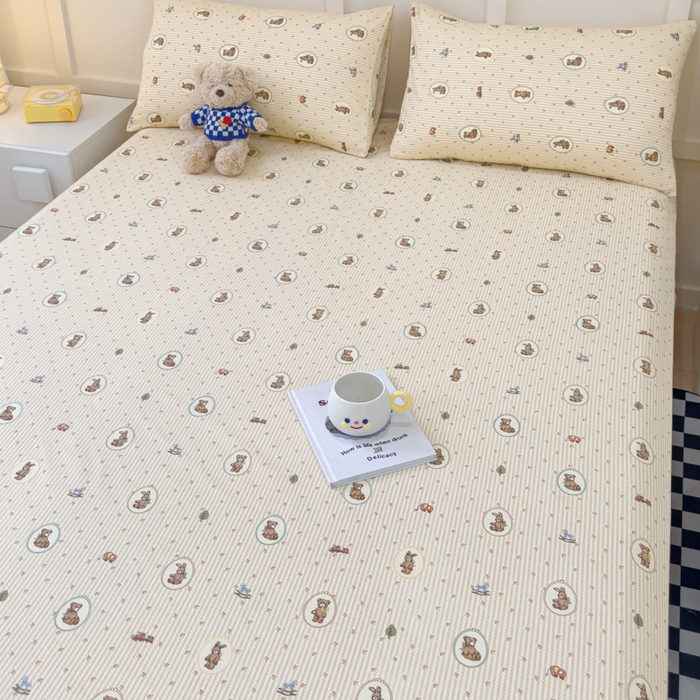 91家纺网 家纺一手货源 找家纺 金丝鸟家纺 2024新款全棉小清新印花单床笠系列 美美熊