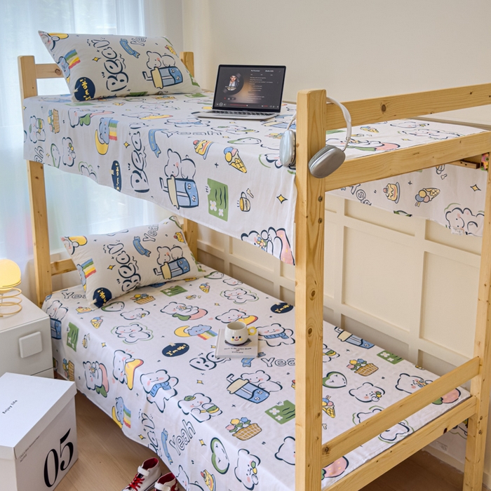 91家纺网 家纺一手货源 找家纺 金丝鸟家纺 2024新款全棉小清新印花单床单系列（学生床） 快乐小熊