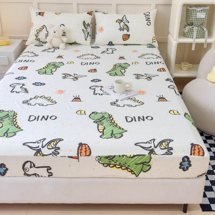 91家纺网 家纺一手货源 找家纺 金丝鸟家纺 2024新款全棉小清新印花单床笠系列 抗浪恐龙