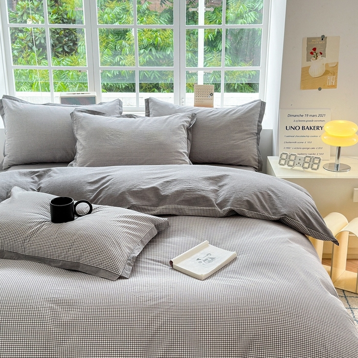 91家纺网 家纺一手货源 找家纺 宜家坊 2024新款全棉色织水洗棉宽边断角四件套 爱的邂逅-灰