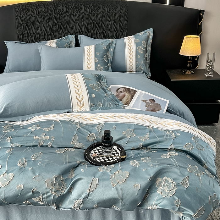 91家纺网 家纺一手货源 找家纺 梦舒羽 2025新款加厚水洗棉浮雕刺绣四件套学生套件 莫奈花园-宾利兰