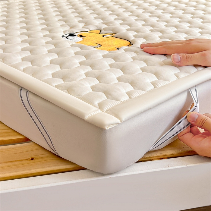 91家纺网 家纺一手货源 找家纺 雯豆家纺 2024新款学生上下铺纯色绣花床垫床褥宿舍单人床护垫-柯基 床褥款-柯基-皓月白