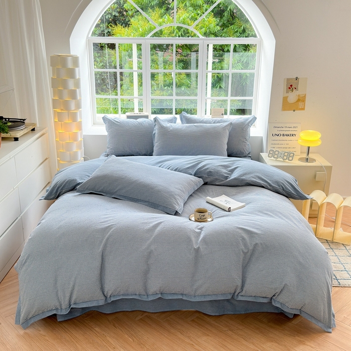 91家纺网 家纺一手货源 找家纺 宜家坊 2024新款全棉色织水洗棉宽边断角四件套 爱的邂逅-蓝