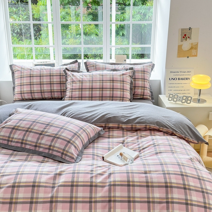 91家纺网 家纺一手货源 找家纺 宜家坊 2024新款全棉色织水洗棉宽边断角四件套 幸福恋曲-粉