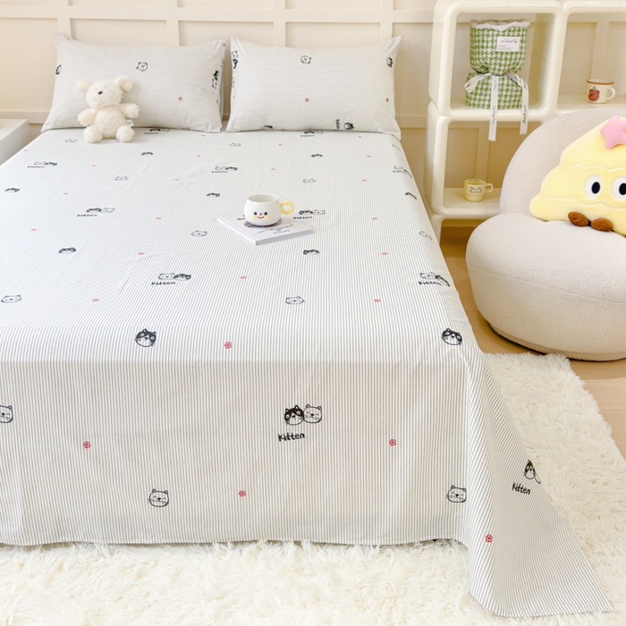 91家纺网 家纺一手货源 找家纺 金丝鸟家纺 2024新款全棉小清新印花单床单系列 小萌猫