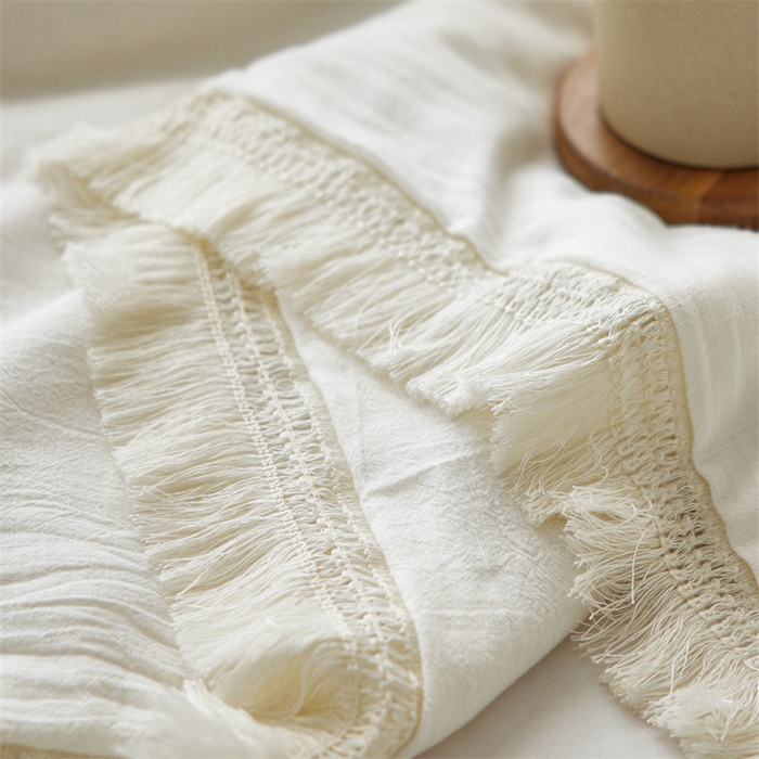 91家纺网 家纺一手货源 找家纺 2024新款全新系列天丝麻纯色多功能夏被-流苏款 天丝麻多功能夏被米白色-流苏款