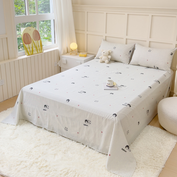 91家纺网 家纺一手货源 找家纺 金丝鸟家纺 2024新款全棉小清新印花单床单系列 小萌猫