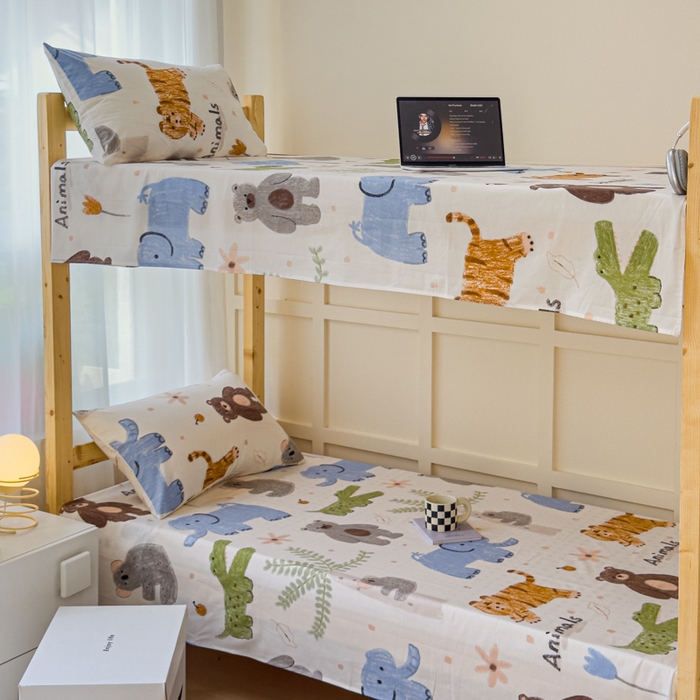 91家纺网 家纺一手货源 找家纺 金丝鸟家纺 2024新款全棉小清新印花单床单系列（学生床） 奇妙动物园