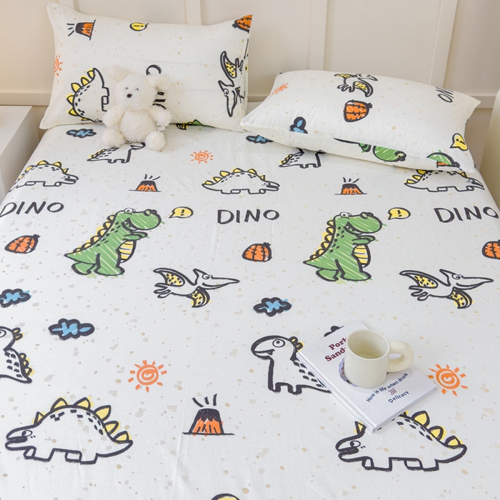 91家纺网 家纺一手货源 找家纺 金丝鸟家纺 2024新款全棉小清新印花单床笠系列 抗浪恐龙