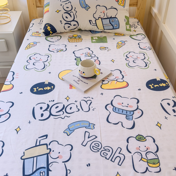 91家纺网 家纺一手货源 找家纺 金丝鸟家纺 2024新款全棉小清新印花单床单系列（学生床） 快乐小熊