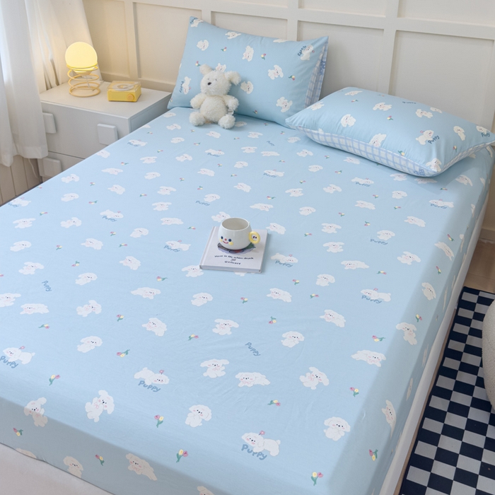 91家纺网 家纺一手货源 找家纺 金丝鸟家纺 2024新款全棉小清新印花单床笠系列 婴儿蓝汪